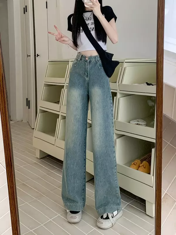 Vintage wide-legged jeans women 2024 summer new washed blue casual high-waisted straight pants loose drag pants