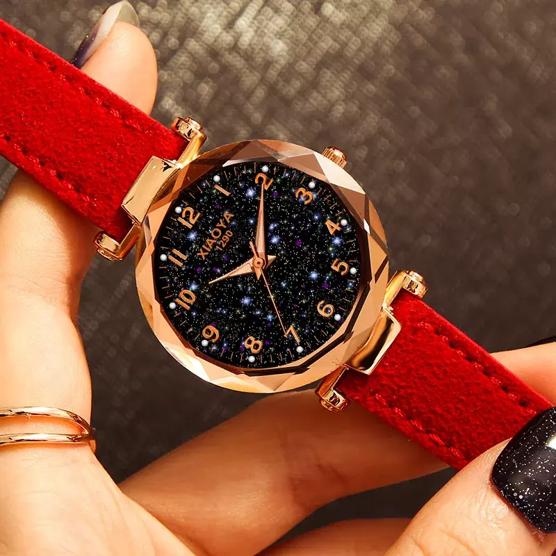 Reloj de lujo de cielo estrellado para mujer, reloj de pulsera de cuarzo, cuero rojo, resistente al agua, femenino