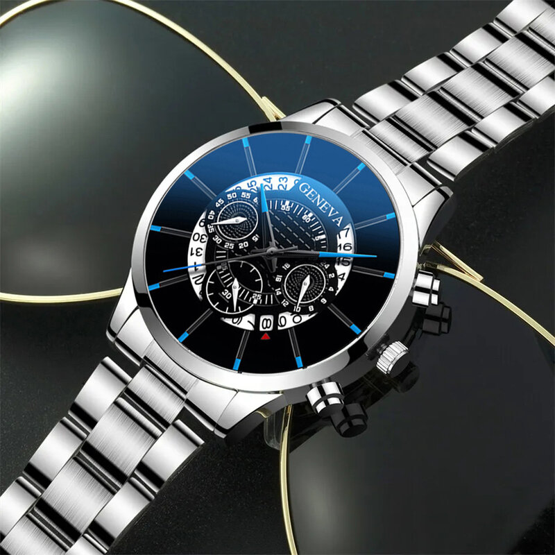 3 Stück Set Mode Herren Business Uhren Männer lässig Silber Armband Halskette Edelstahl Quarz Armbanduhr Relogio Masculino