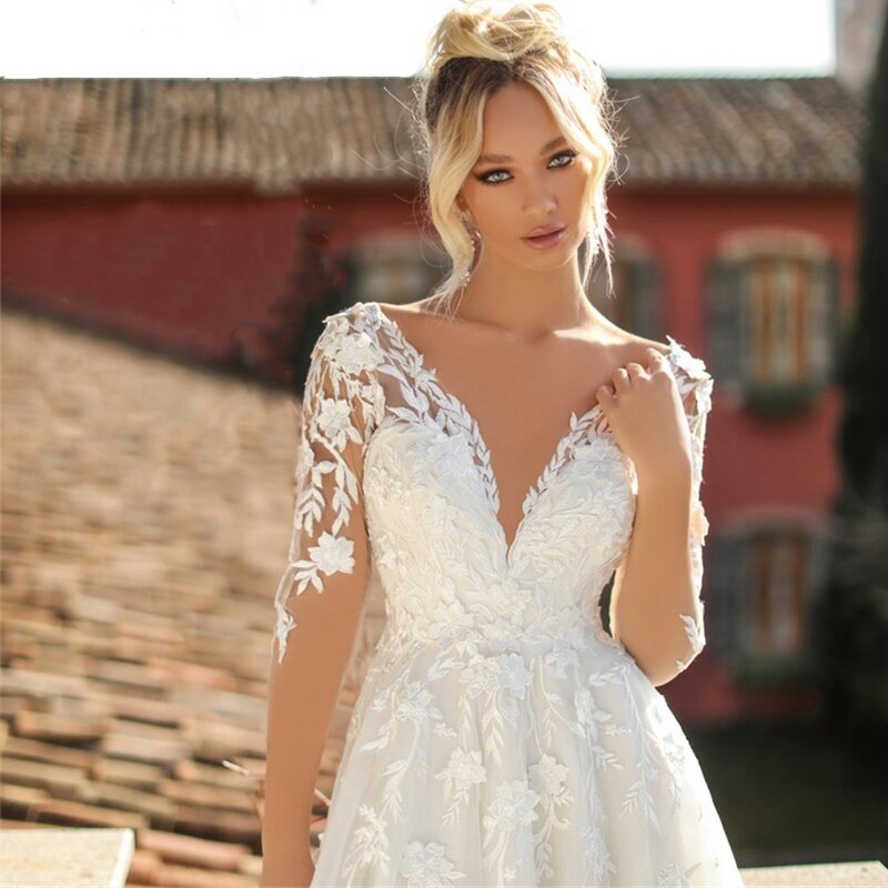 2024 abiti da sposa eleganti da donna Appliques di pizzo abiti da sposa maniche lunghe con scollo a v Backless Sexy Robe Simple Vestidos De Novia