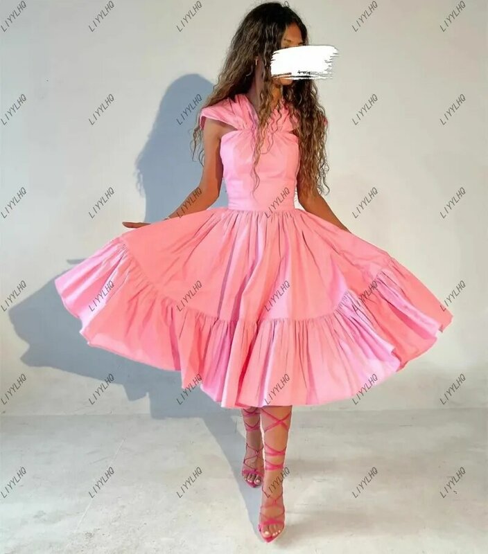 LIYYLHQ Vintage Short Pink Prom Dresses Tea Length Saudi Arabia Women A Line Draped Ruch Wedding Party Dress Formal Dress