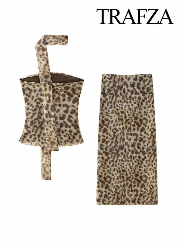 TRAFZA Vintage Skirt Set For Women 2024 Spring Leopard Print Causal Suit High Waist A-Line Skirt+Halterneck Off-Shoulder Tube