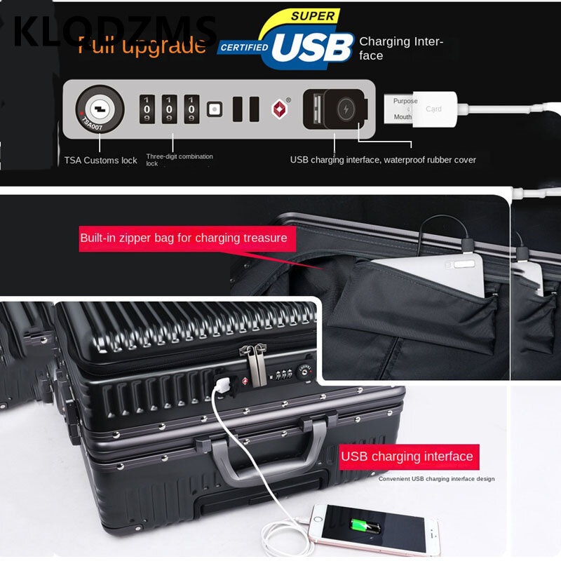 KLQDZMS-Mala de alumínio com interface de carregamento USB, bagagem de rolamento, caixa de embarque, 20 ", 22", 24 ", 26"