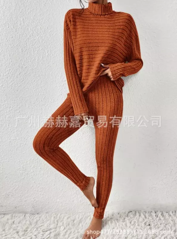 Autumn and Winter Leisure High-necked Knitted Long-sleeved Suit Women Sweater Loose Trousers Two Pieces Set for Women