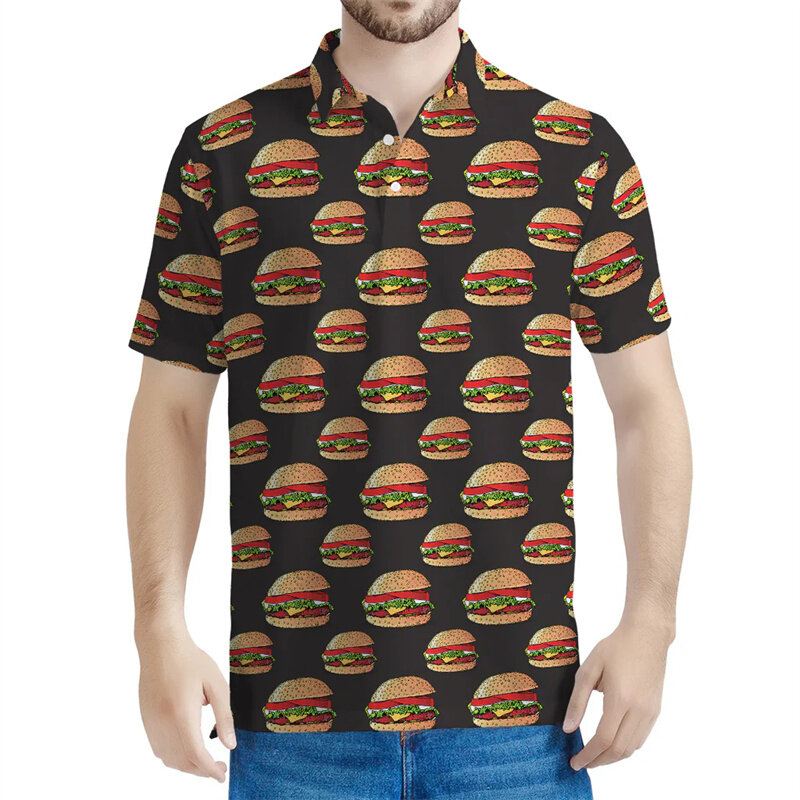 Polo gráfico Hamburger masculino e infantil, camiseta casual de streetwear, manga curta de lapela, desenho animado impresso em 3D, camiseta fofa