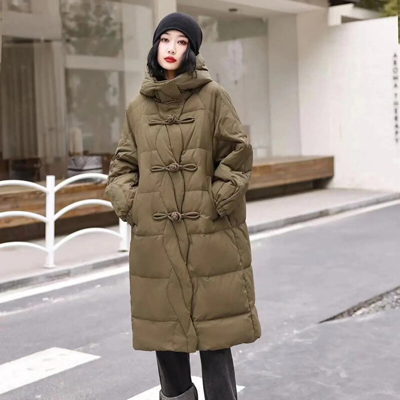 Women's Down Jacket Ethnic Style Down Jacket New Hooded Buckle Loose And Slimming Winter Long Thickened Down Jacket