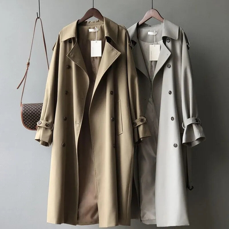 Classic Grey Long Belt Trench Coats donna coreano doppio petto Gabardina giacche Streetwear giacca a vento Abrigos Spring Casacos