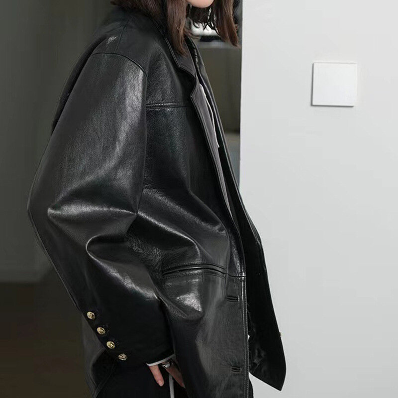 Jaqueta preta vintage para mulheres, senso alto, terno de couro largo, blazer feminino, casaco casual, streetwear, novo, 2023