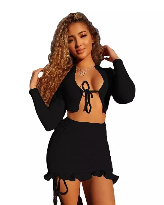 2024 New Spring/Summer Women's Wear European and American Sexy Ruffle Edge Lace up Pleated Two Piece Dress Set MYC24-3