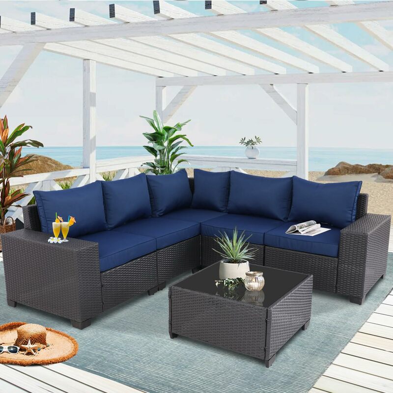 6 Piece Outdoor Furniture Patio Furniture Sets Conversation Sets Sectional Sofa Couch Wicker Rattan Balcony Furniture for Lawn