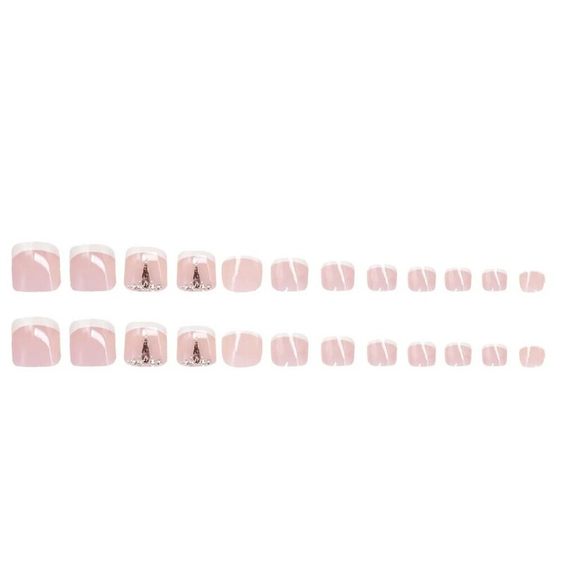 24pcs/set Fake Toenails Full Cover Short Square French With diamond Toe Nails Foot Nails Tips for Women Girls Press on Nails