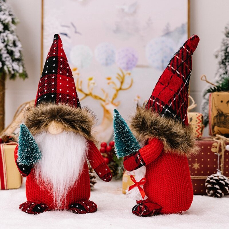 Sombrero a cuadros de adorno navideño, suministros de decoración navideña, muñeca Rudolph, árbol de Navidad