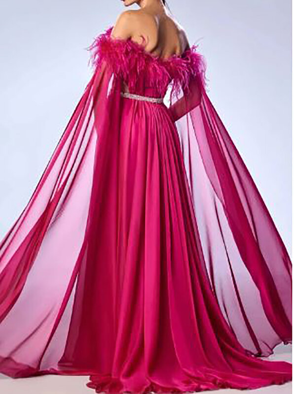 A-Line Chiffon Party Evening Gown for Women Off-Shoulder Strapless Long Sleeves Button Feathers Pleat Floor Length Sweep Train