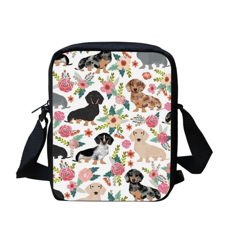 Dachshund Flower Pattern Print Shoulder Bag for Kids Practical Casual Small Messenger Bag Adjustable Shopping Crossbody Bags