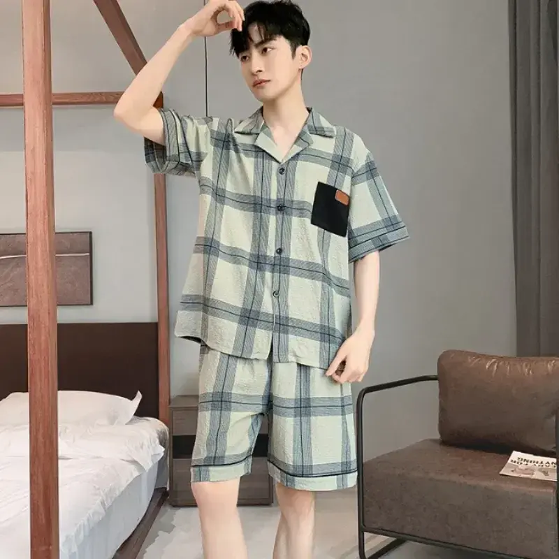 Pyjama japonais à manches courtes pour hommes, short en coton fin, service 2023 zones, été, maison, pantalon à carreaux imbibé