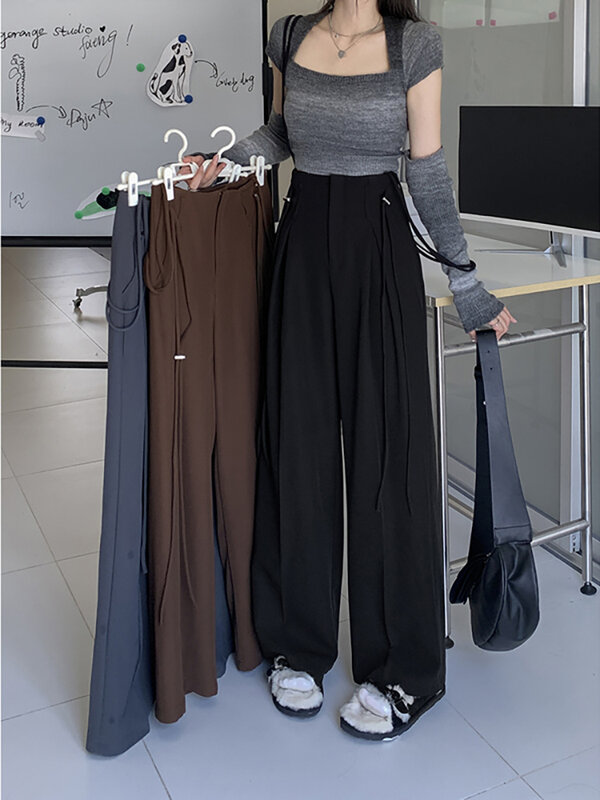 Pantalones de traje de cintura alta para mujer, Pantalón ajustado de pierna ancha con tirantes finos, negro, marrón y gris, novedad de 2023