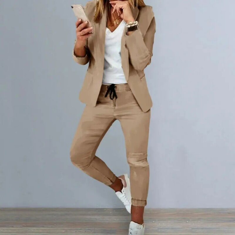 Women Coat Set Elegant Women's Business Suit Set with Long Sleeves Slim Fit Pants Stylish Lapel Trousers Set for Professional