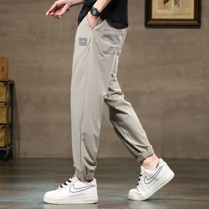 CUMUKKIYP Men's High Elastic Ice Silk Vertical Stripe Baggy Casual Harun Pants Fashion Streetwear Men