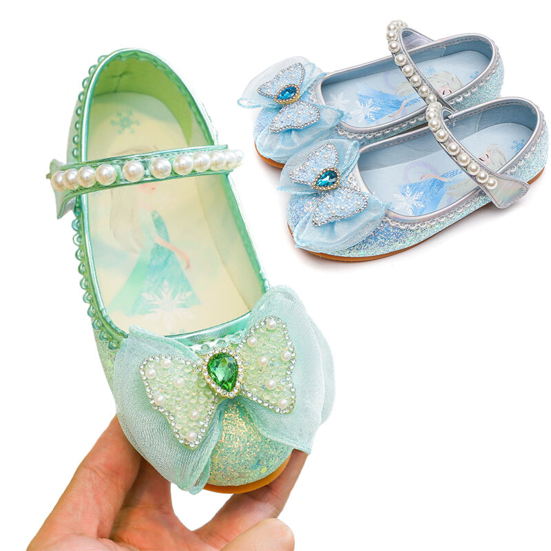 Zapatos de princesa con pajarita de perlas brillantes para niñas, Festival de Halloween, Cosplay, fiesta de cumpleaños, vestido de Hada Verde, zapato de cuero para niños