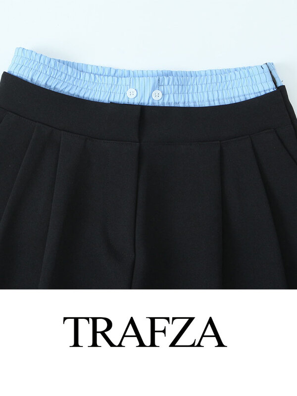 TRAFZA-Pantalon Plissé Taille Haute pour Femme, Vêtement Décontracté, à Jambes Larges, avec Poches Noires, Fermeture Éclair et lèvent, à la Mode, Été