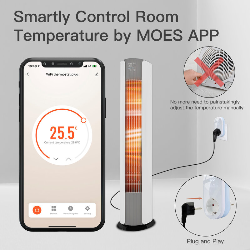 MOES Smart WiFi LED Thermostat Stecker Outlet Heizung und Kühlung Mode16A APP Fernbedienung Kompatibel mit Alexa Google Hause