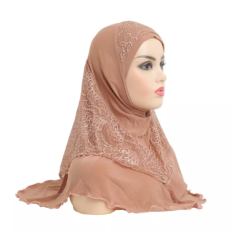 H126 High Quality Medium Size 70*60cm Muslim Amira Hijab with Lace Pull on Islamic Scarf Head Wrap Pray Scarves Women's Headwear