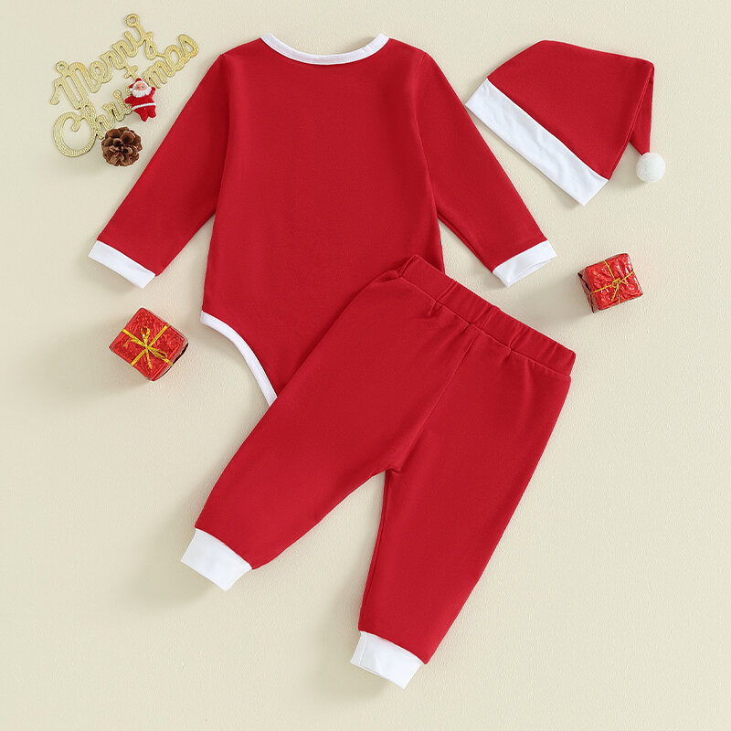 Costume de Père Noël pour tout-petits, manches longues, pantalon long en Y, chapeau de Noël, ensembles de vêtements pour bébés garçons et filles, 3 pièces