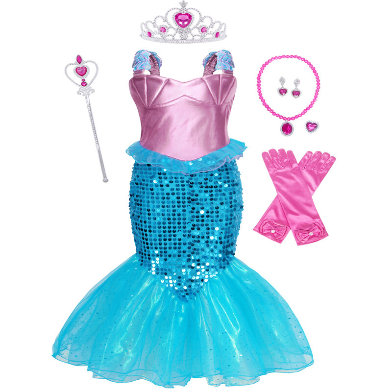 Jurebecia 어린 소녀 인어 코스튬 공주 드레스 업 놀이, 할로윈 생일 선물, 스팽글 액세서리 복장
