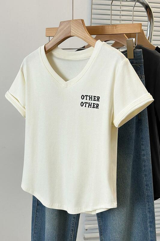 Camiseta emagrecedora casual minimalista gordinha com decote em v, blusa feminina, manga curta, carta bordada, tamanho grande, novo, verão, 2024