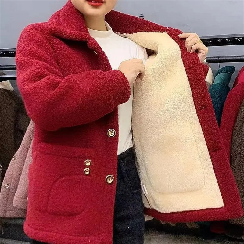 2023 New Winter Fur Jackets Plus Velvet Thick Warm Coats Women Lamb Fur Coat Mid-Long Lady Grain Velvet Loose Coat Female Jacket