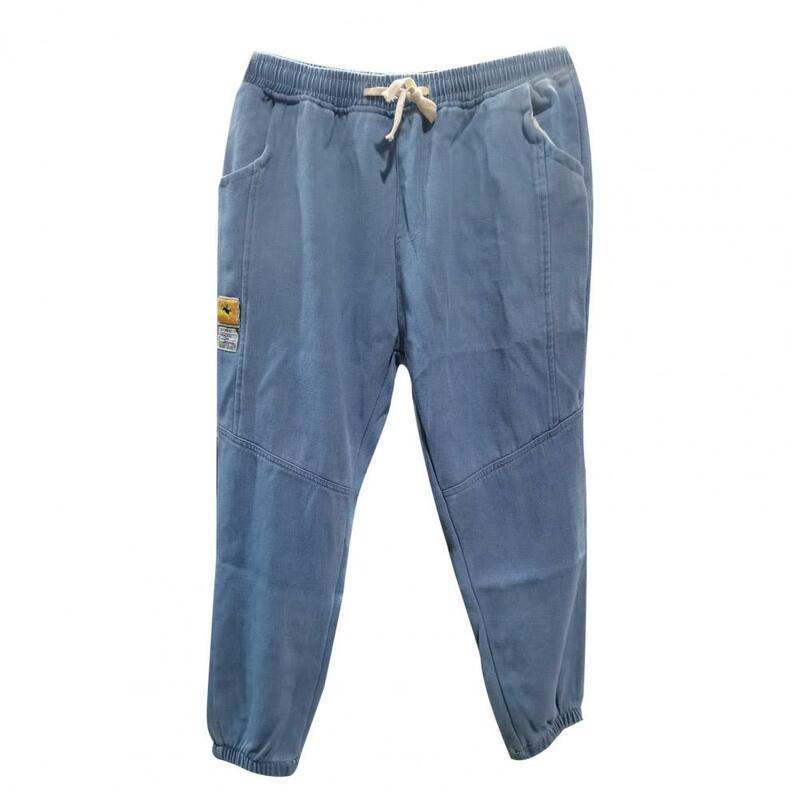 Jeans aconchegante forrado de pelúcia masculino com bolsos na cintura com cordão, ajuste solto, casual, conforto, outono, inverno