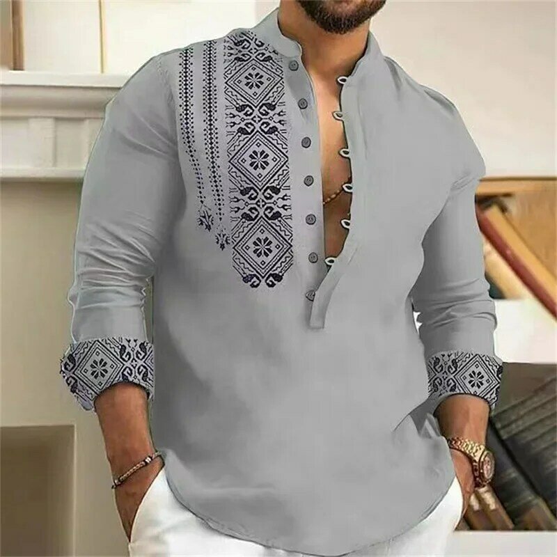 Camisa de manga larga con 7 botones para hombre, para playa Camiseta holgada Henley con cuello en V, Material de alta calidad