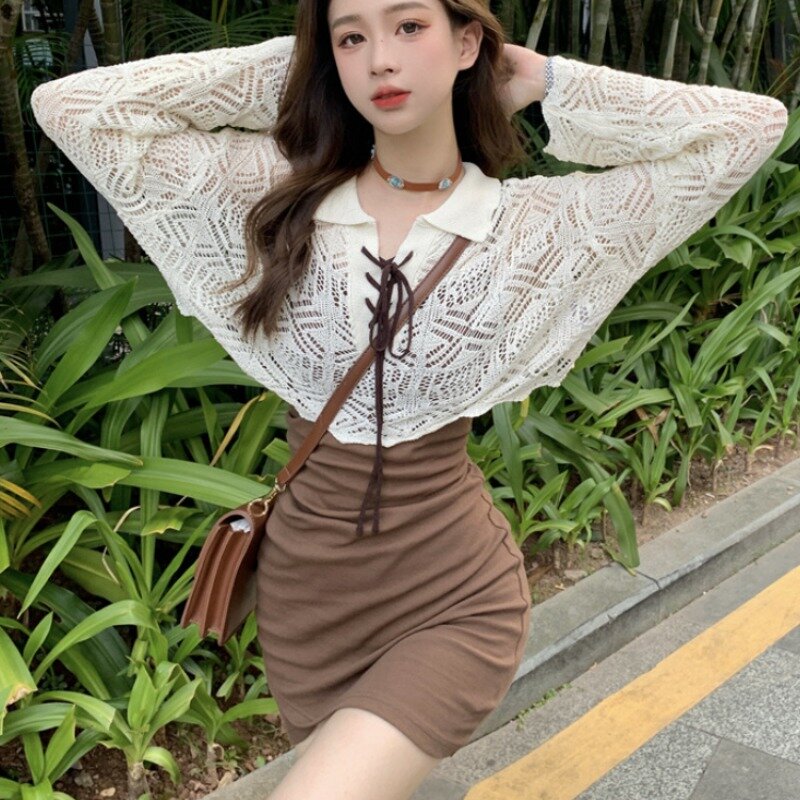 Set di vestiti donna moda coreana scava fuori Lace-up progettato Mini manica lunga per il tempo libero quotidiano High Street Summer Girls Spicy Chic