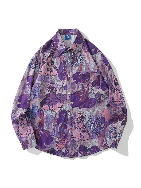 Camisa de manga comprida feminina, divertida pintura a óleo, blusa casual bf street retrô, moda, nova tendência, primavera e outono
