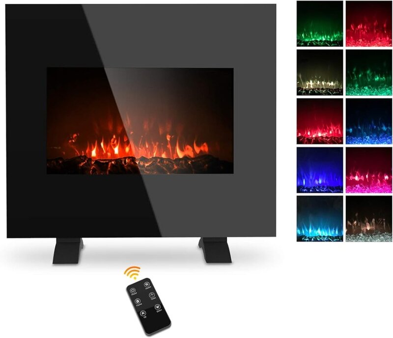 1500W Freestanding Electric Fireplace Heater with 10 Colorful Flame Brightness Adjustment, Glass Screen& Remote Control, 26 Inch