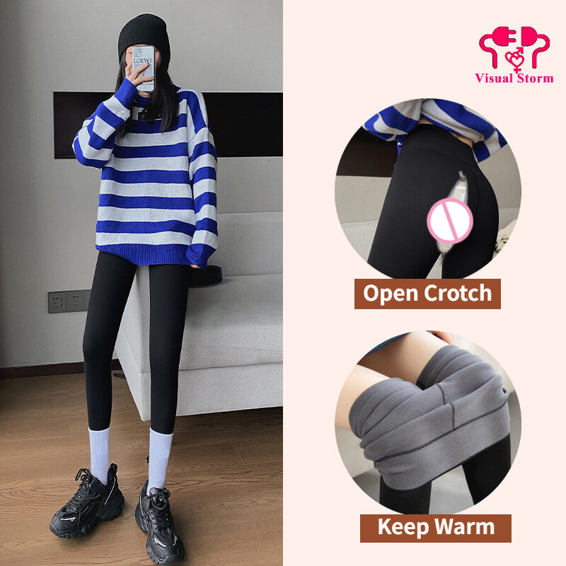 Women Open Crotch Sexy Winter Gym Leggings Thick Sport High Rise Clubwear Yoga Fitness Crotchless Pants Hidden Zippers Trousers