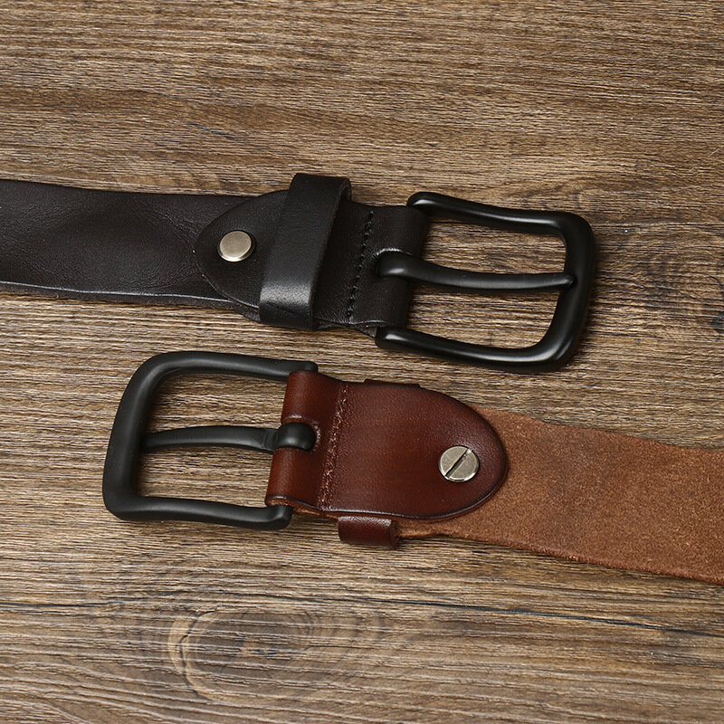 حزام من الجلد الأصلي للرجال ، جلد البقر الطبيعي النقي ، مشبك دبوس معدني عتيق ، جينز ، حزام أسود ، غير رسمي ، أحزمة