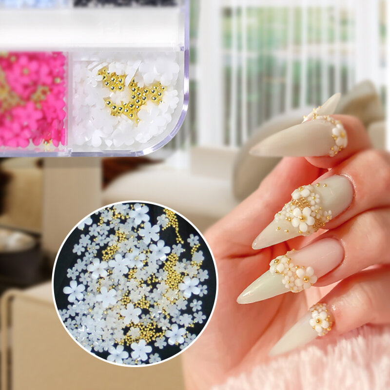 Hiasan Seni Kuku Bunga Akrilik 3D Manik-manik Perak Emas Jimat Perubahan Warna Kuku Aksesori Perlengkapan Berlian Imitasi Mewah