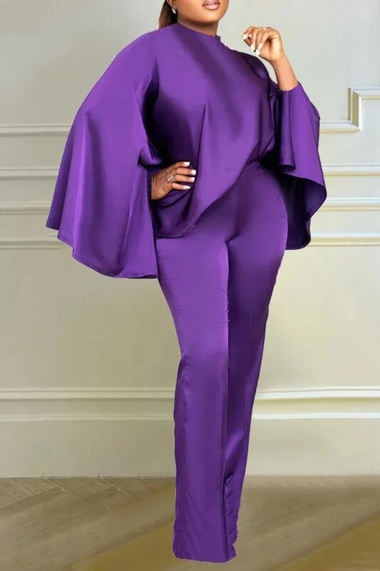 Conjunto cetim feminino de duas peças, blusa casual com decote em o, manga batwing, calça de cintura alta, africano para o inverno, elegante