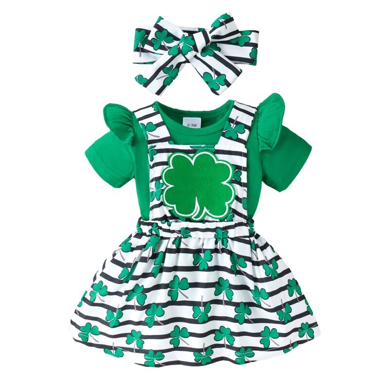 Infant Baby Girl St Patricks Day Outfit Short Sleeve Romper Clover Striped Suspender Skirt Headband Clothes Set