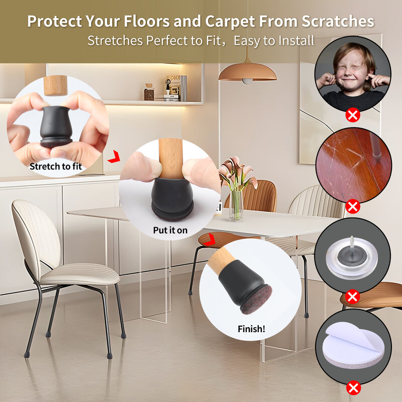 Cadeira Leg Floor Protetores com Whick Wrap Felt Pads, Silicone Cobertura do Pé Móveis, Pés de Mesa Proteger Pisos, 8Pcs