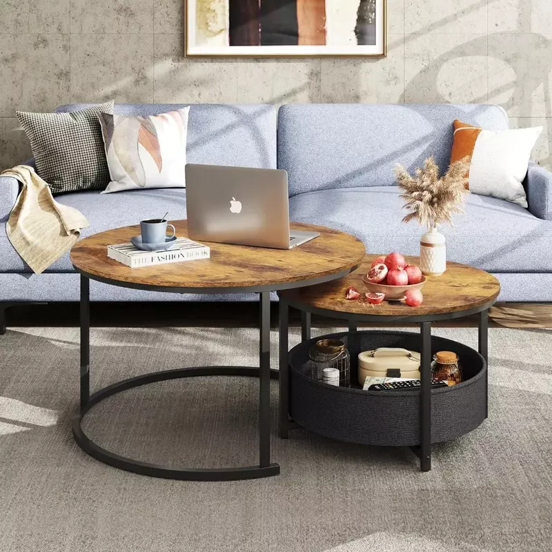 Coffee Table Set of 2, 32in Round Nesting Table for Living Room,Small Circle Table with Storage for Small Space,Metal Frame