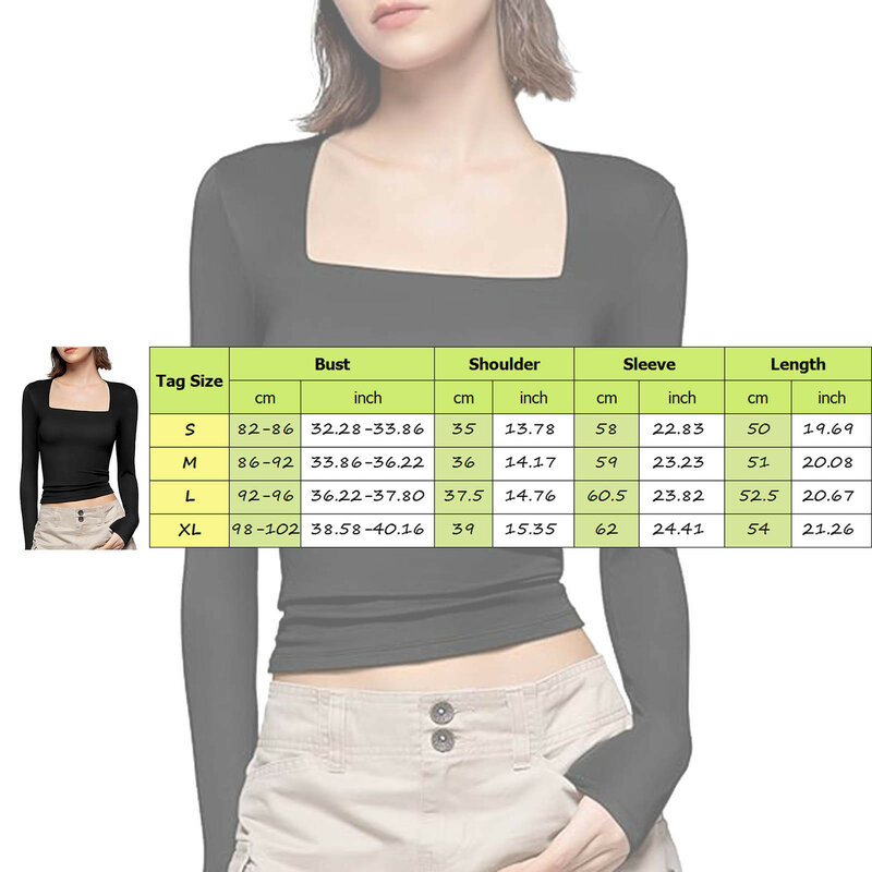 Women Casual Simple Solid Color Square Neck Shirt Long Sleeved Tight Fitting Top