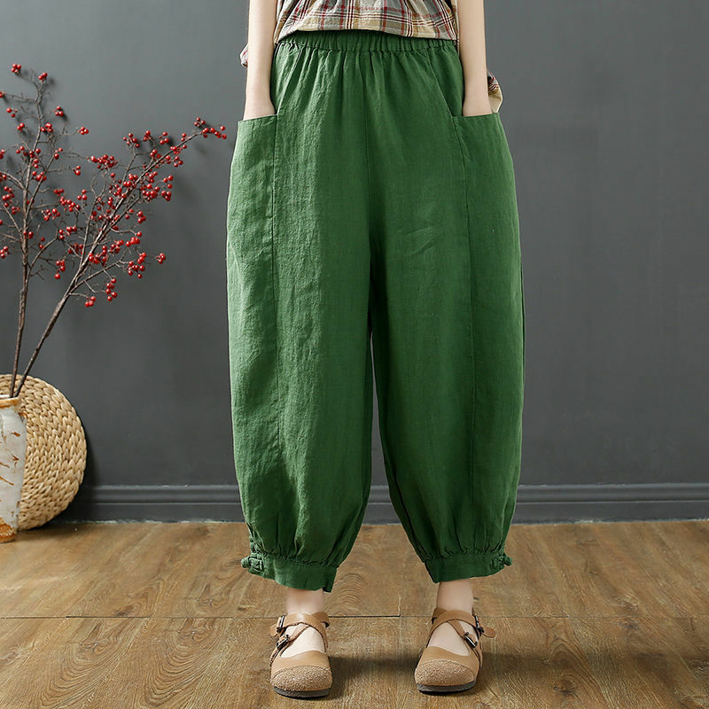 Solid Color Patchwork 2023 New Elastic Waist Ladies Fashion Loose Women's Clothing Casual Pocket Summer Thin Cotton Harem Pants
