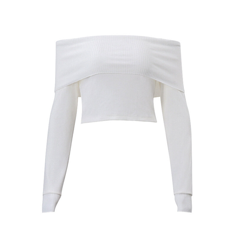 Suéter de malha fora do ombro feminino, macacão casual branco, gola redonda, manga comprida, malha de trajeto, moda feminina, outono, 2023