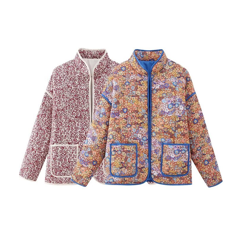 Casaco de bolso fino estampado flor feminina, casaco de algodão, top feminino, jaqueta de inverno, outono, decoração