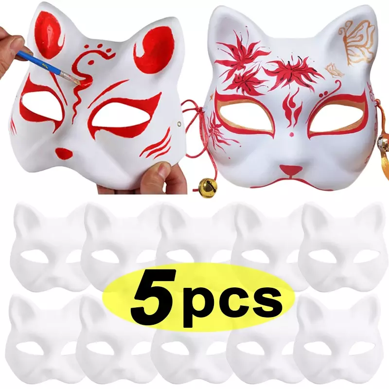 Mascarilla blanca de papel de 1/5 piezas para Halloween, máscara de media cara para pintar, gato y zorro, accesorio de decoración artesanal para fiesta de disfraces de animales
