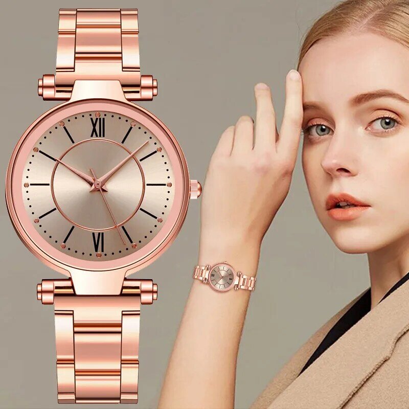 Relojes de acero inoxidable de oro rosa de lujo para mujer, Reloj de cuarzo clásico con esfera redonda, relojes de pulsera de negocios, joyería de pulsera