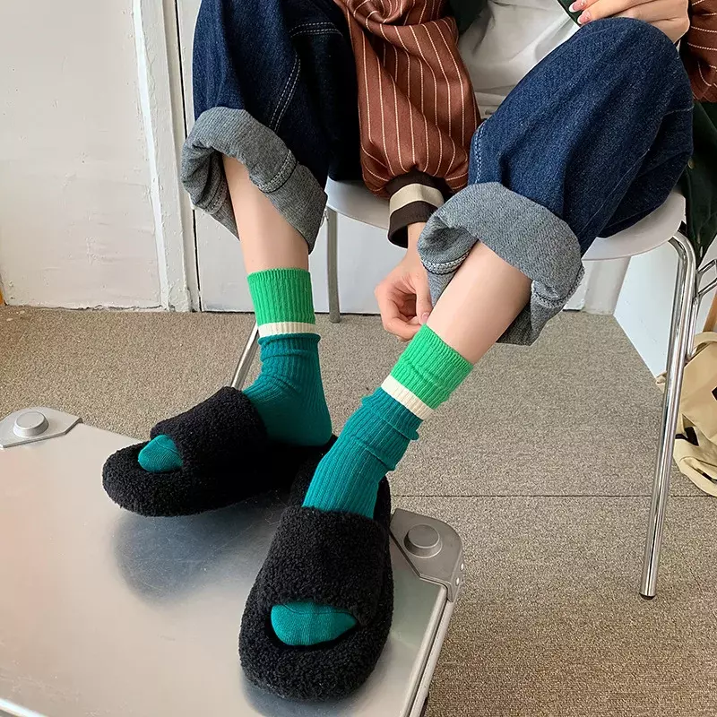 Contrast colored socks, women's high top pile up socks, Korean version of spring/summer cotton socks