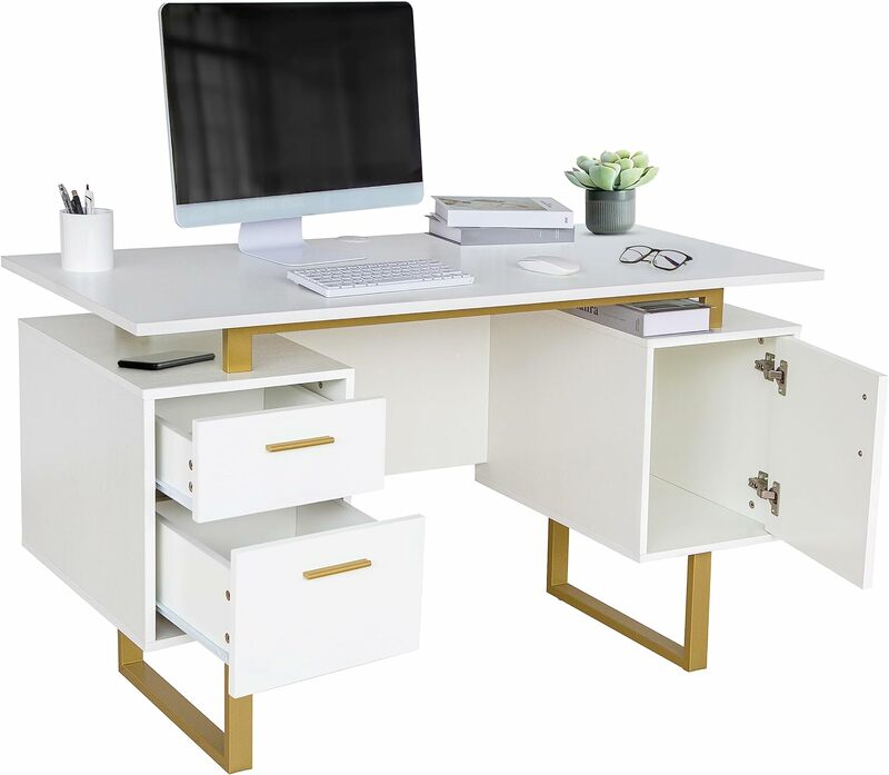 Technik Mobil Schubladen und Schrank 51.25 "w-modernes Büro großer schwimmender Schreibtisch mit Desktop-Oberfläche, weiß/gold